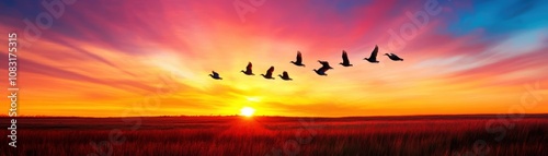 A stunning sunset showcases vibrant hues with a flock of birds flying in silhouette against a colorful sky.