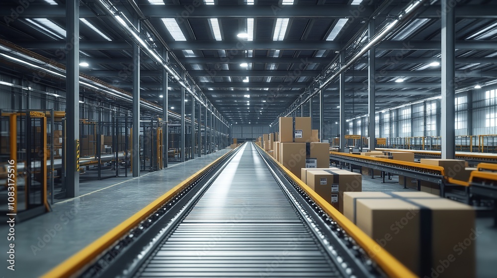 Fototapeta premium Modern warehouses with automated conveyor belt sorting mechanisms with efficiently process parcels and prepare them for delivery