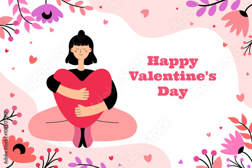 Happy Valentine's Day. Girl in hugs with heart. Woman hugging valentine. Greeting card, banner, poster, postcard. Love and romantic concept. Floral background. Vector illustration