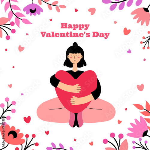 Happy Valentine's Day. Girl in hugs with heart. Woman hugging valentine. Greeting card, banner, poster, postcard. Love and romantic concept. Floral background. Vector illustration