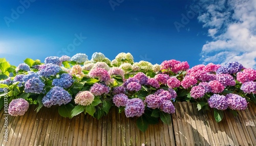 Colorful Hydrangea flowers in front of wooden fence with blue sky background. Colorful hydrangeas in garden, close up. Purple blue pink hortensia blooms. Endless summer Hydrangea flowers.