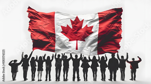 silhouettes of people holding flag of canada highlighted by white, png photo