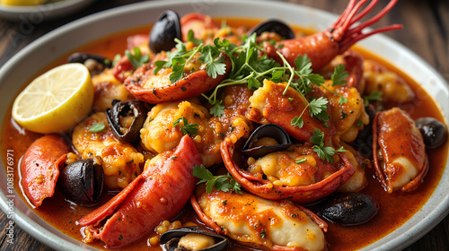 Bouillabaisse with seafood in rich tomato broth photo