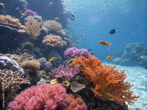 coral reef and fishes. coral, underwater, sea, reef, fish, ocean, water, tropical, nature, diving, aquarium, marine, red, animal, scuba, deep, colorful, aquatic, egypt, life, dive, under, travel, cora photo