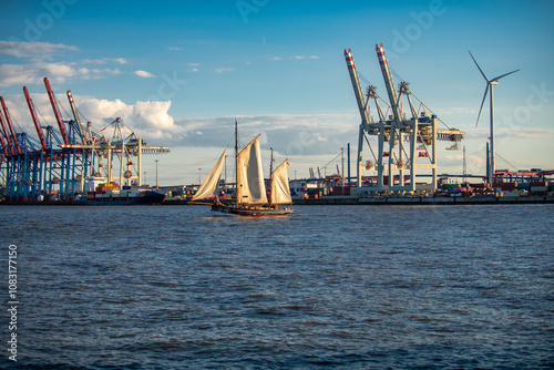 Terminal port. Container cargo ship in a commercial dock. New York container port. Ship container port. Container terminal in the dock. Yacht in port. photo