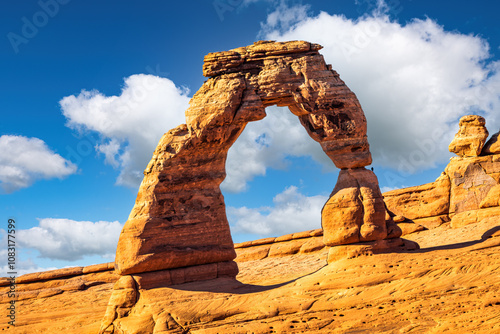 Delicate Arch in Arches national park, Utah. Delicate Arch is a 16m freestanding natural arch located in Arches National Park, near Moab in Grand County, Utah, United States photo