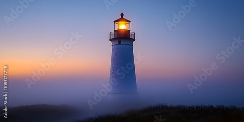 A lighthouse stands amidst fog, illuminated at dusk, guiding ships safely through the night.