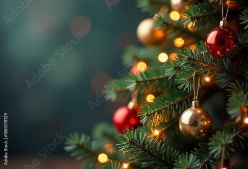 Decorated Christmas tree on blurred backgroundDecorated Christmas tree on blurred background - generative ai photo