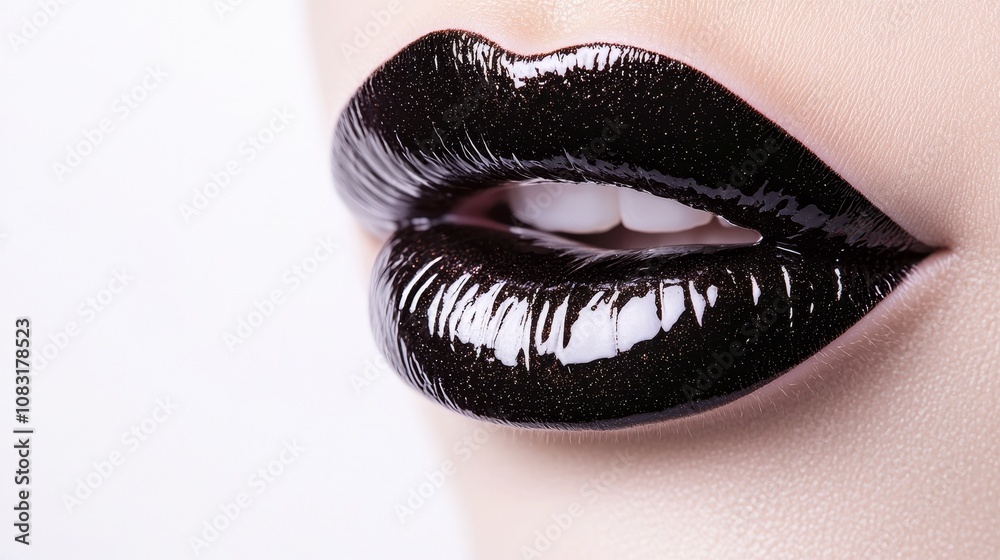 Fototapeta premium Isolated black lips, vibrant shine, soft shadows, pure white background