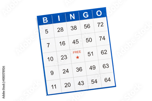 blue and white paper bingo card on white background.