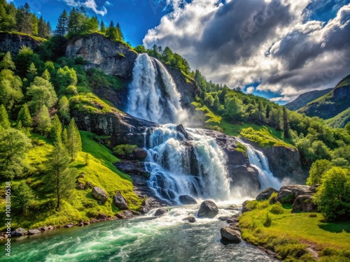 Majestic waterfall in Norway cascades elegantly through lush green foliage, dancing under the clear blue sky, forming a picturesque scene filled with natural wonder.