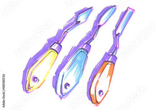 A set of artistic palette knives, top view, side view, isolated illustration on a white background. Palette knives, hand drawing with a felt-tip pen