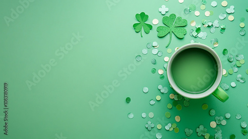 Celebrating St. Patrick's Day with green decor and a festive drink on a green backdrop photo