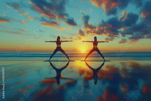 A fit young woman is doing yoga on the beach in the early morning as the sun is rising. photo