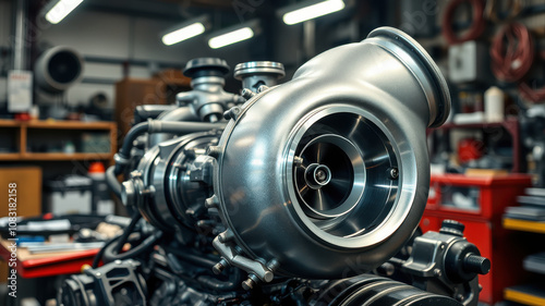 detailed turbocharger in workshop setting, showcasing engineering precision turbocharger installation concept