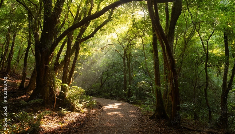 Fototapeta premium Deep Green Forest With Sunlight Filtering Through the Canopy, Illuminating a Tranquil Path Winding Through Ancient Trees, Captured in Early Morning Light for a Peaceful Nature Landscape