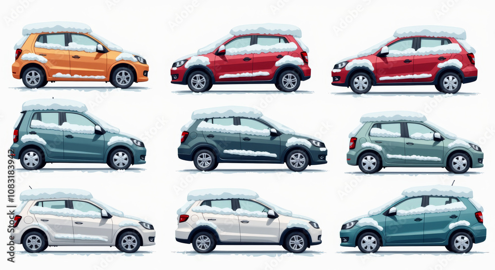 Fototapeta premium Snow-Covered Cars Illustration Collection with Variety of Colors for Winter Themes