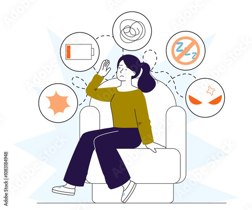 Woman with anxiety symptoms. Young girl in panic and stress. Negative feelings and emotions. Fatigue and stress, mental disorder. Linear vector illustration