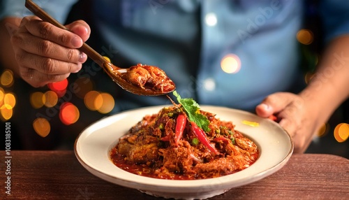 Faceless man eat Sambal Udang in restaurant with bokeh background. Malaysian Food. photo