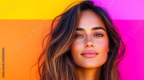 Young woman with long brown hair against a colorful background.