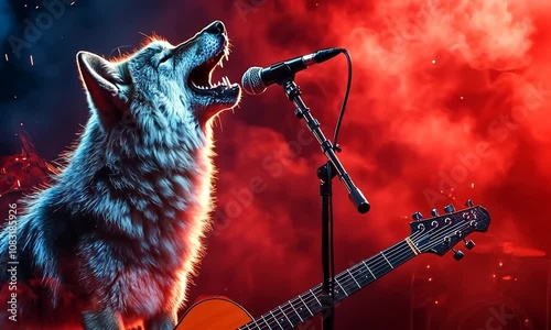 A wolf howling into a microphone on a fiery stage with a guitar.