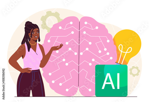 Woman with artificial Intelligence. Young girl with brain structure. User with ai. Machine learning and innovation. Person with virtual assistant. Flat vector illustration