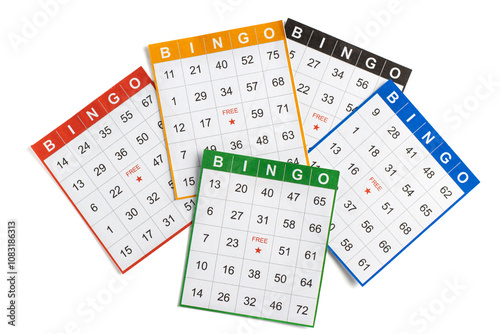 colorful or multicolored bingo cards, isolated on white background