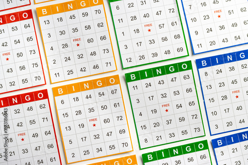 colorful or multicolored bingo cards, with white background