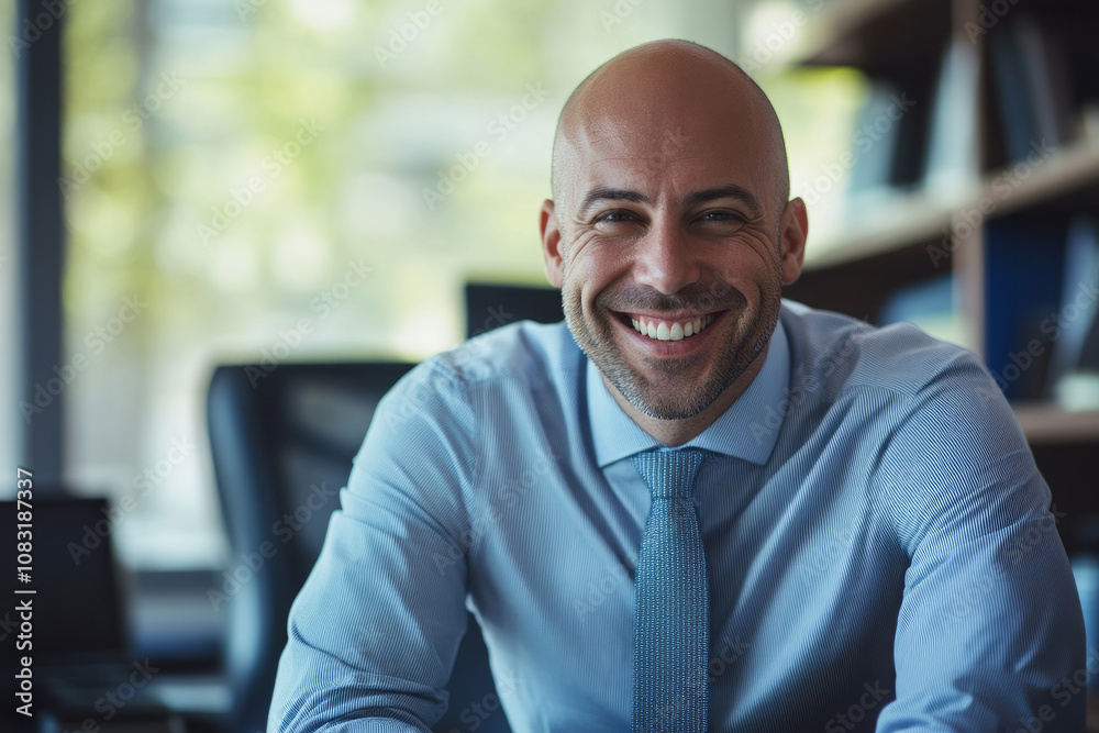 Naklejka premium Portrait of smiling businessman with bald head wearing blue shirt and tie in office