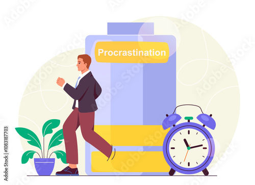 Man avoiding procrastination. Young guy runs from alarm clock and battery with low energy. Motivation and leadership. Hardworking employee. Flat vector illustration