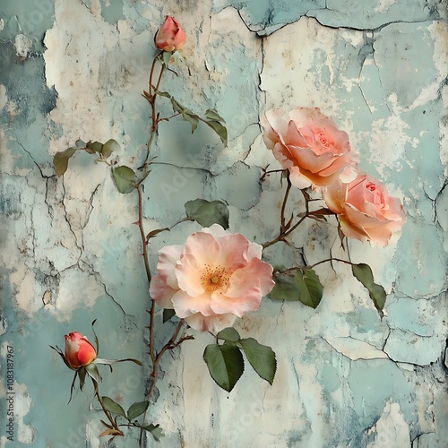 Delicate Peach Roses Against a Weathered Blue Wall photo