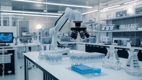 A photograph of state of the art biotech laboratory equipment, ultra modern robot lab atmosphere photo