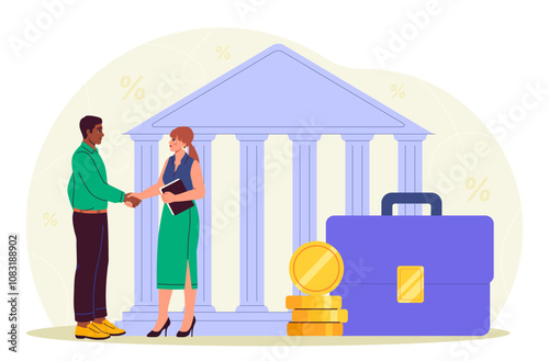 People near bank. Man and woman near gold coins, wallet and bank building. Financial occupation and deals. Credit and mortgage, loan. Flat vector illustration