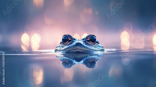 It appears as if an alligator is lurking under murky water, its eyes peering out amid rich aquatic textures and colors, evoking intrigue photo