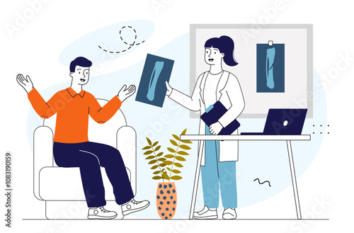 Man with healed bone. Young guy near Xray of broken leg. Healthcare and medicine. Diagnosis and treatment. Trauma and injury. Linear vector illustration