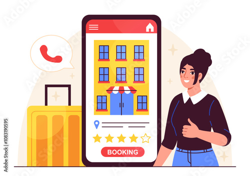 Woman booking hotel. Young girl near smartphone with hotel building on screen. Holiday and vacation. Travel and tourism. Baggage and luggage. Flat vector illustration