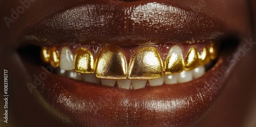 Stylish and eye-catching gold dental grills are proudly displayed by a smiling individual close up photo