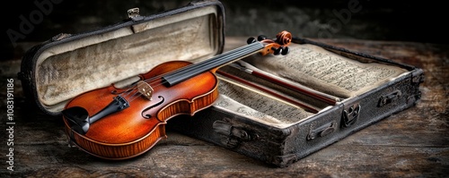Classic violin with bow inside an open vintage case on rustic wooden surface.
