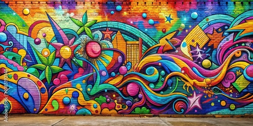 A vibrant and abstract mural on a brick wall, adorned with swirling patterns, bright colors, and whimsical details.