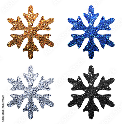 Vector illustration of sparkling gold, blue, silver, and black snowflakes with bold shapes and glitter texture on a white background.