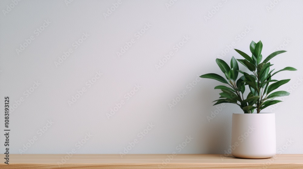 Fototapeta premium Green houseplant in white ceramic pot on wooden table against plain wall background.