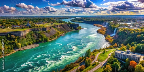 The stunning vistas of Queenston and Lewiston highlight the majestic Niagara River gliding below, framed by a clear blue sky, harmonizing nature's artistry. photo