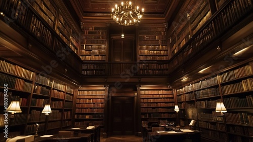 An old library with wooden shelves filled with books, illuminated by lamps and a chandelier.