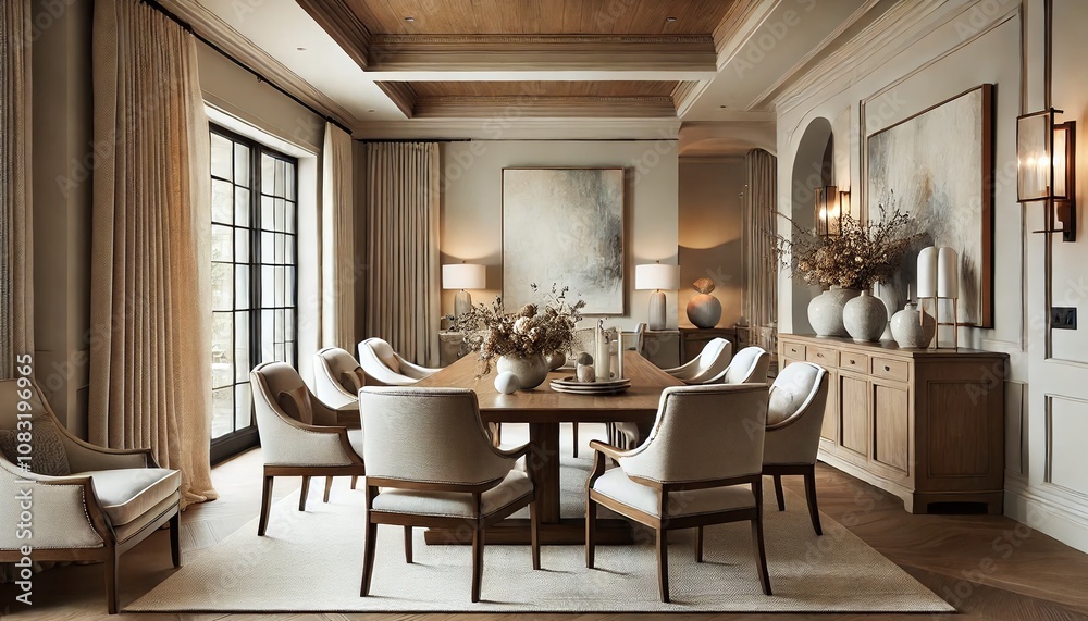 Fototapeta premium an image of a transitional style dining area that blends modern and traditional elements. Include upholstered chairs, a wooden table, and contemporary art. Generative AI