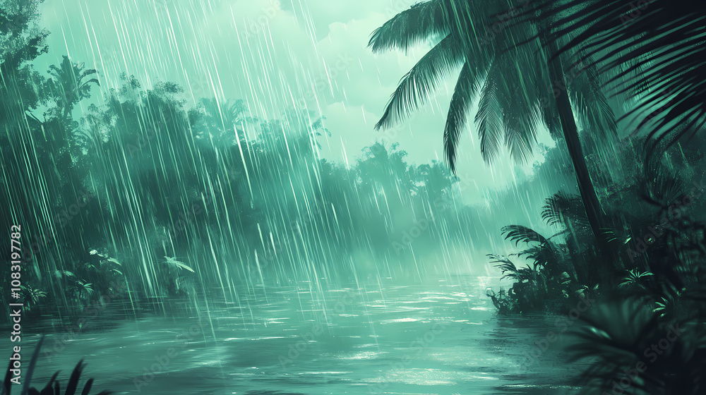 Naklejka premium Monsoon rains flooding a tropical landscape, intense and overwhelming minimalist realistic. Monsoon. Illustration