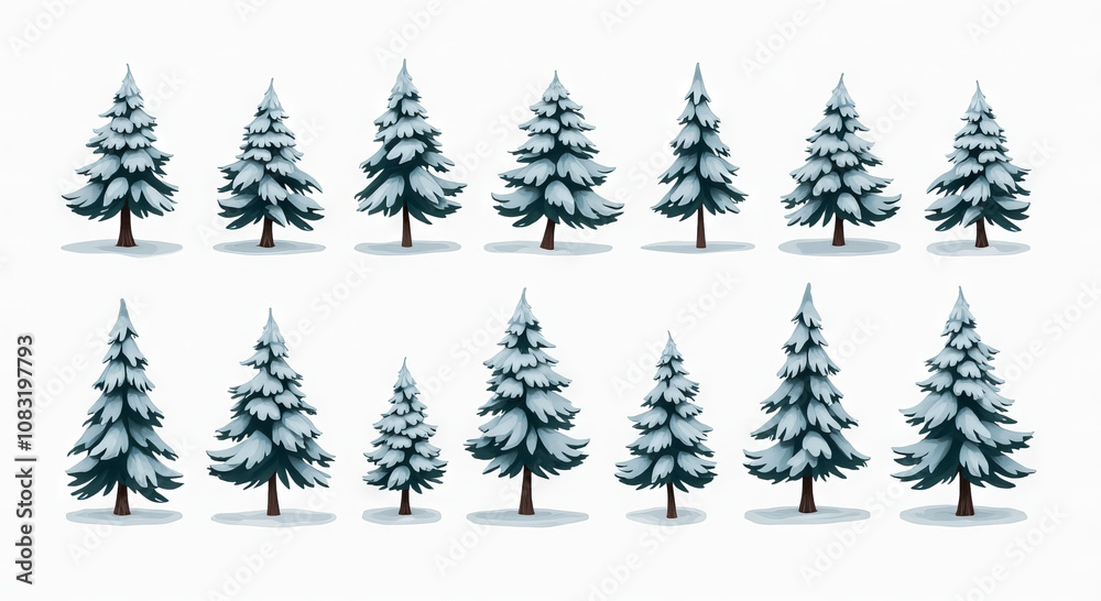 Obraz premium Illustrated Set of Snowy Pine Trees for Winter Themes and Holiday Design Projects