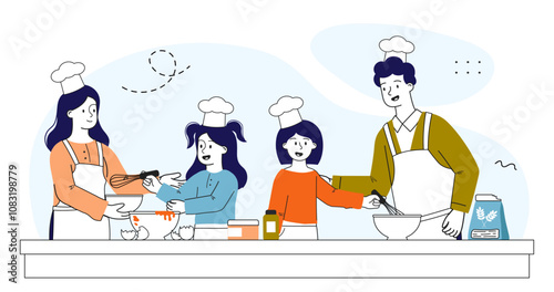 People in cooking master class. Man and woman teach boy and girl to cook. Father, mother, daughter and son in kitchen. Training and learning. Linear vector illustration