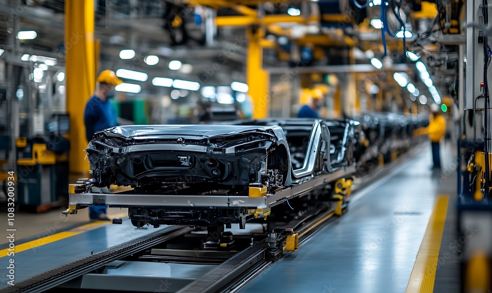 Fototapeta premium An automotive assembly line with car frames being processed by workers.