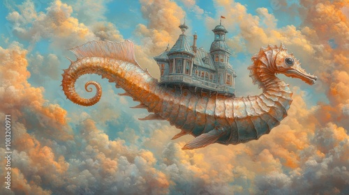 Surreal Fantasy Scene of a Victorian House Atop a Majestic Seahorse Floating in a Dreamlike Cloudscape photo