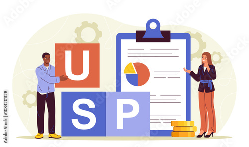 Businesspeople with cubes. Man and woman near clipboard with diagram. Collaboration and cooperation, organization of effective work process. Flat vector illustration